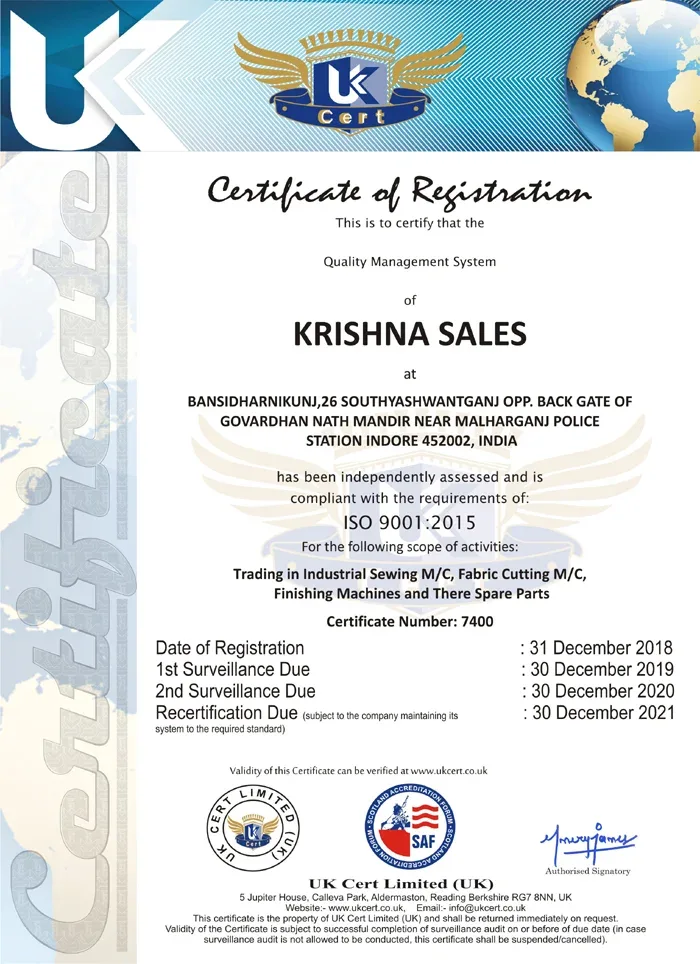 ISO 9001:2015 quality management certificate held by Krishna Sales